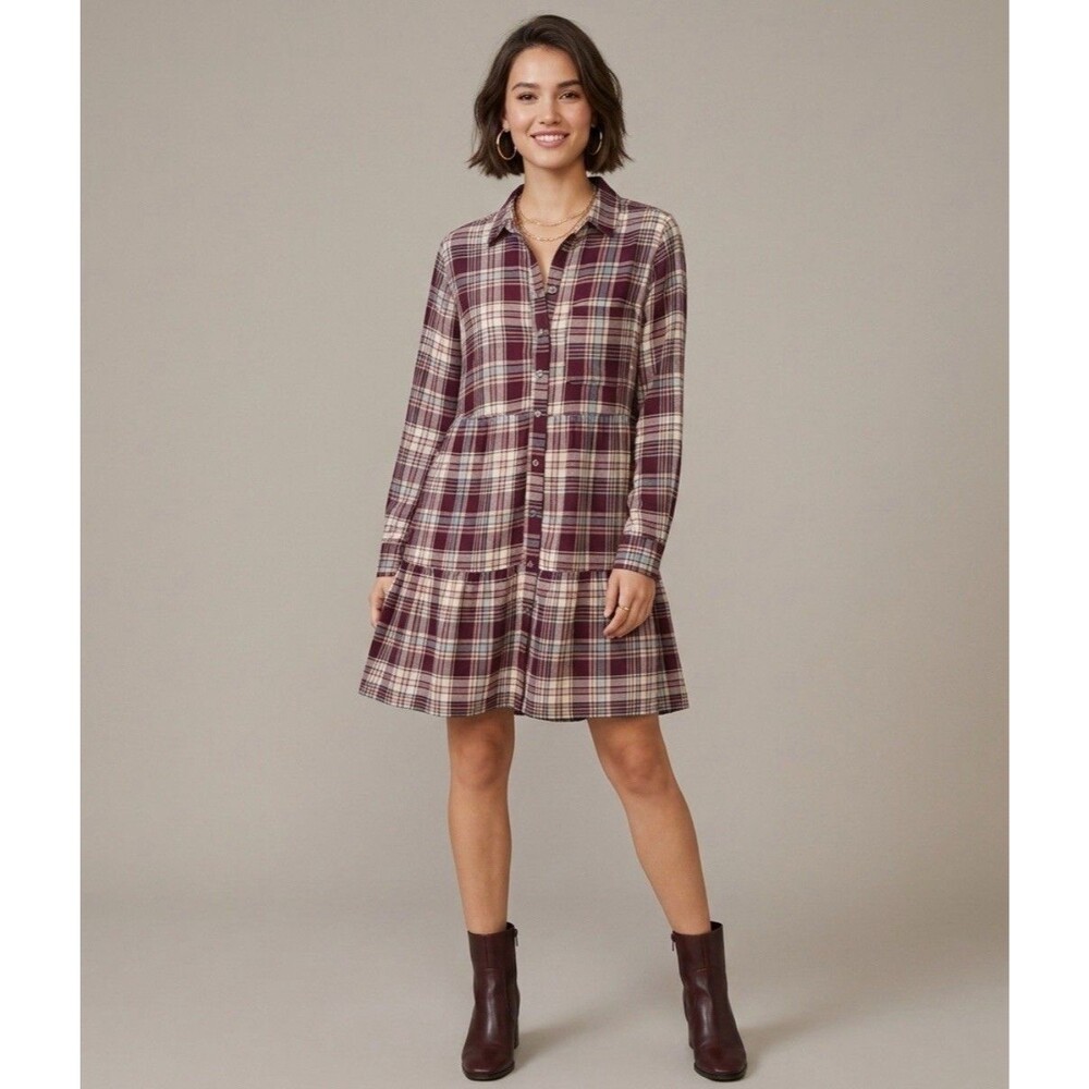 NWT Loft Burgundy Plaid Tiered Ruffle Long Sleeve Button Up Dress Size M $89.50